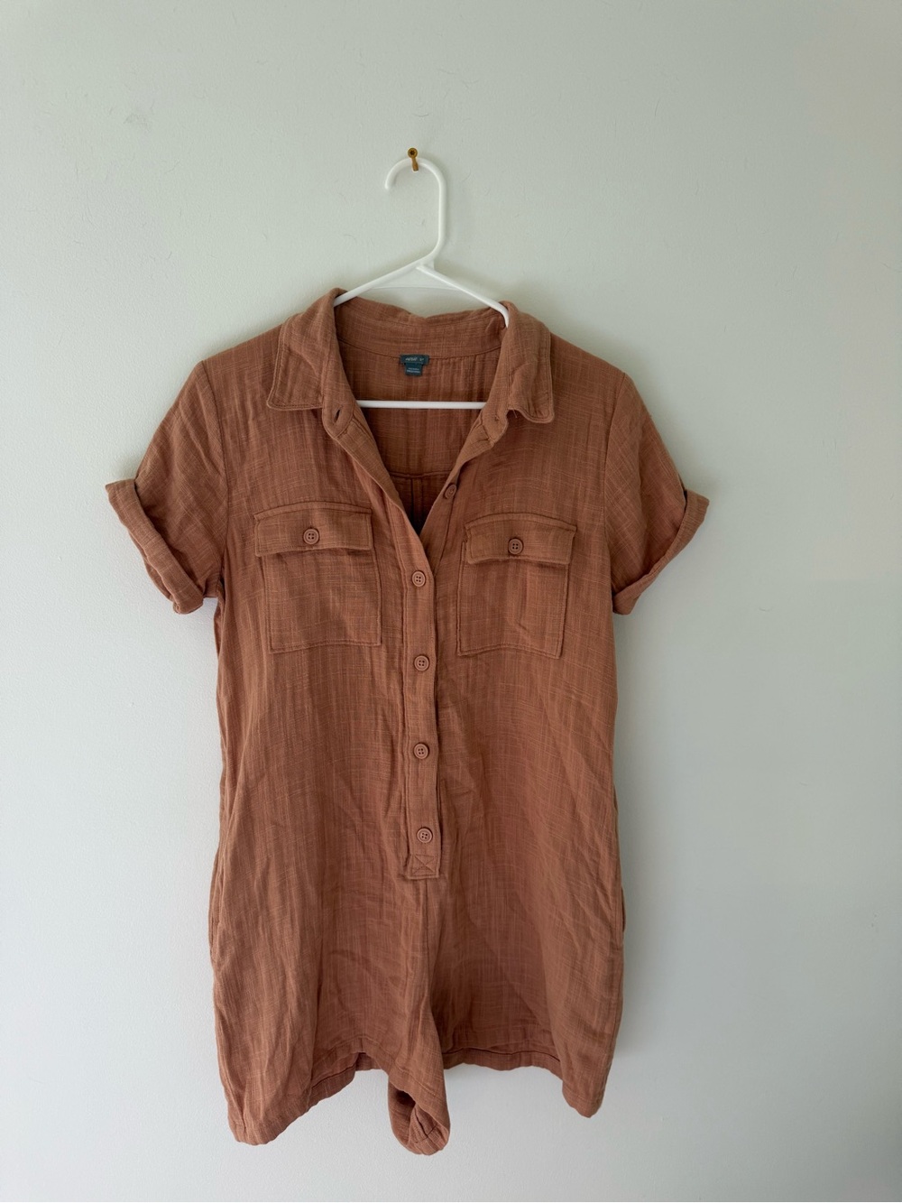 Aerie Short Sleeve Button Romper in Terracotta-100% cotton